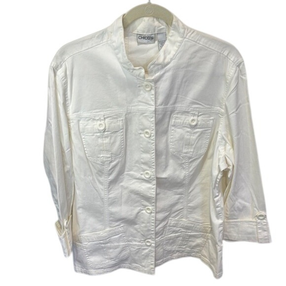 Chico's Salt Wash Brayon 3/4 Sleeve Jacket‎ Optic White Size 3 Button Front